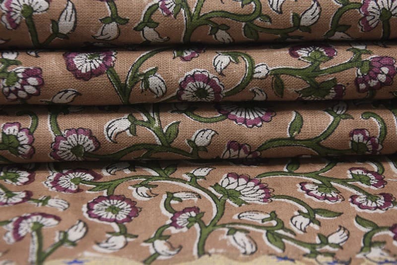 Block Print Green Floral Pure Linen Fabric - Himachal