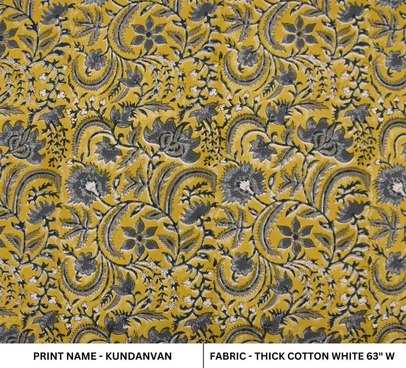 Artisan Hand Block Print Grey Thick Cotton White Fabric - Kundanvan