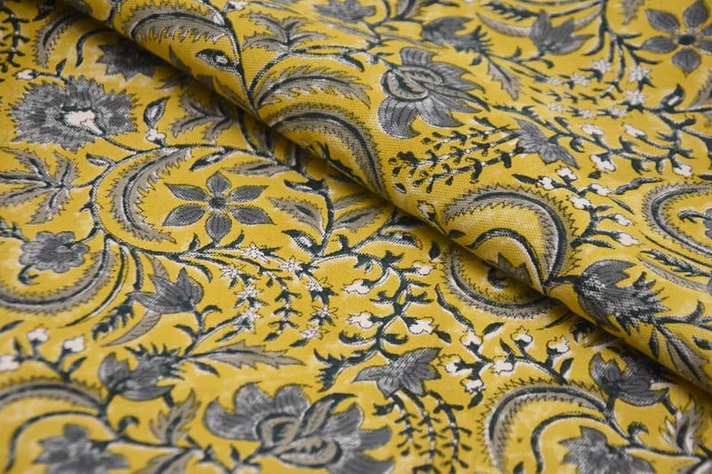 Artisan Hand Block Print Grey Thick Cotton White Fabric - Kundanvan