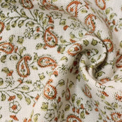 Hand Block Print Orange Floral Off White Linen Fabric - Keri Jaal