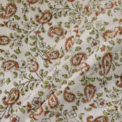 Hand Block Print Orange Floral Off White Linen Fabric - Keri Jaal