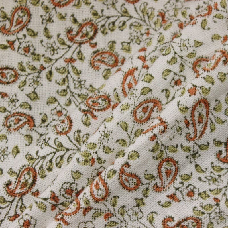 Hand Block Print Orange Floral Off White Linen Fabric - Keri Jaal