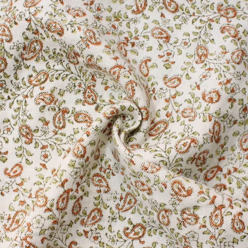 Hand Block Print Orange Floral Off White Linen Fabric - Keri Jaal