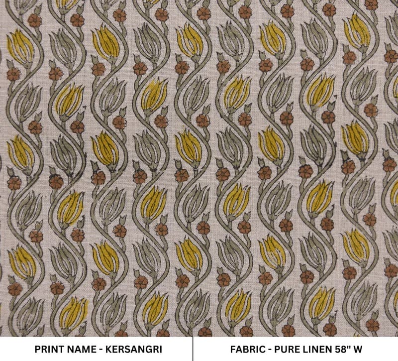 Handmade Block Print Brown & Mustard Pure Linen Fabric - Kersangri