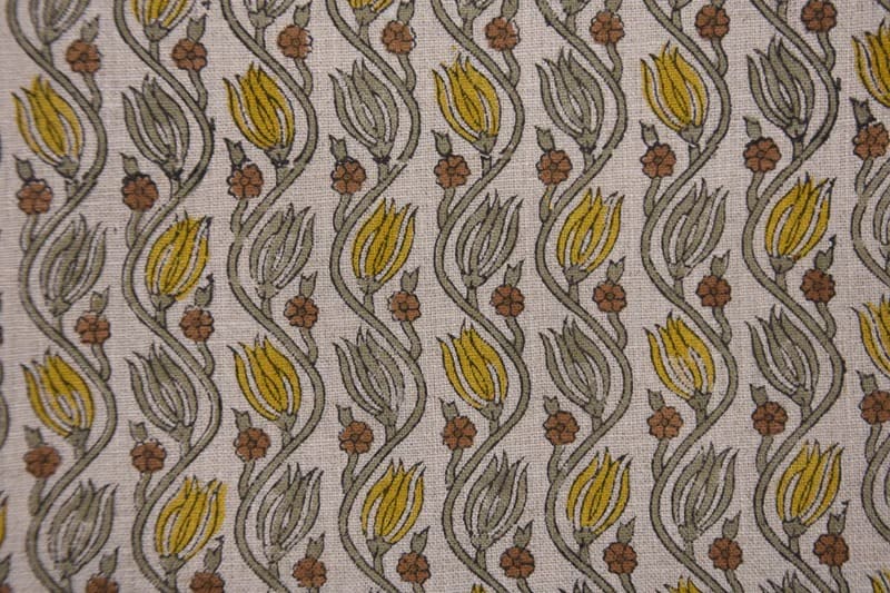 Handmade Block Print Brown & Mustard Pure Linen Fabric - Kersangri