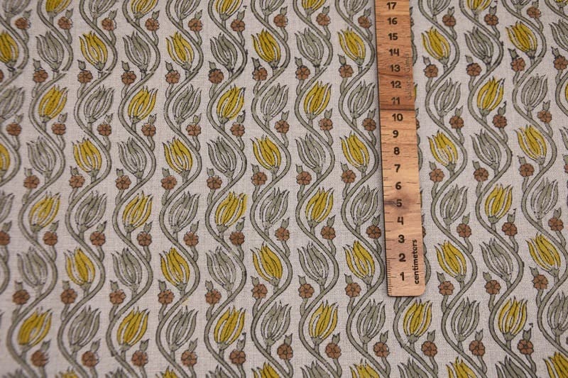 Handmade Block Print Brown & Mustard Pure Linen Fabric - Kersangri