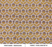 Handmade Block Print yellow Pure linen Fabric - Madhuvan