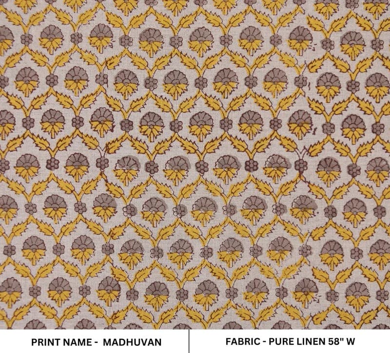 Handmade Block Print yellow Pure linen Fabric - Madhuvan