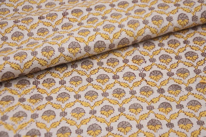 Handmade Block Print yellow Pure linen Fabric - Madhuvan