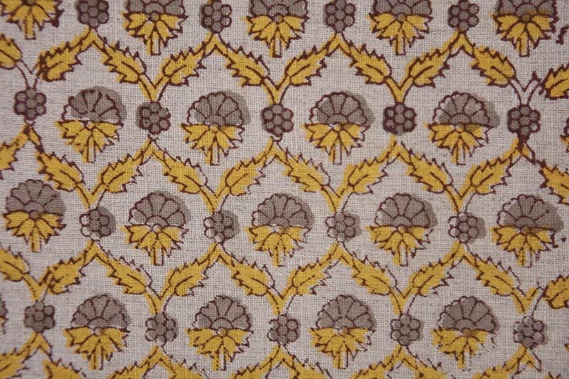 Handmade Block Print yellow Pure linen Fabric - Madhuvan