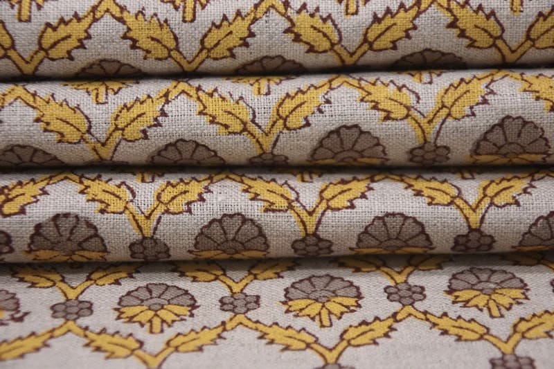 Handmade Block Print yellow Pure linen Fabric - Madhuvan