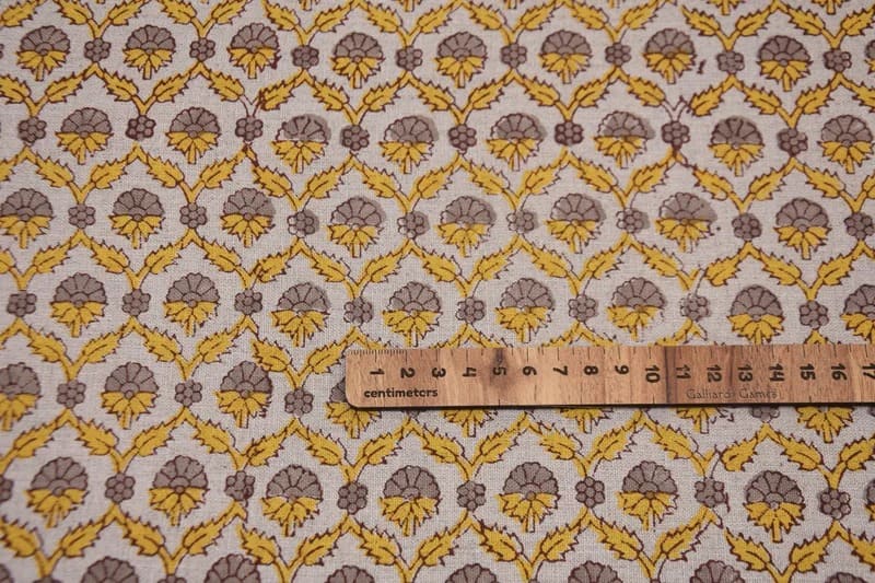 Handmade Block Print yellow Pure linen Fabric - Madhuvan