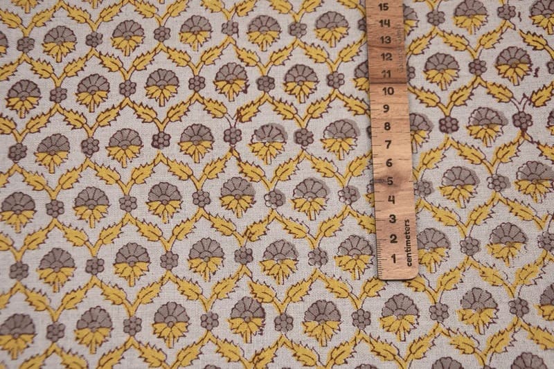 Handmade Block Print yellow Pure linen Fabric - Madhuvan