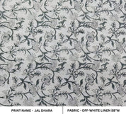 Hand Woven Block Print Grey Floral Off White Linen Fabric - Jaldhara