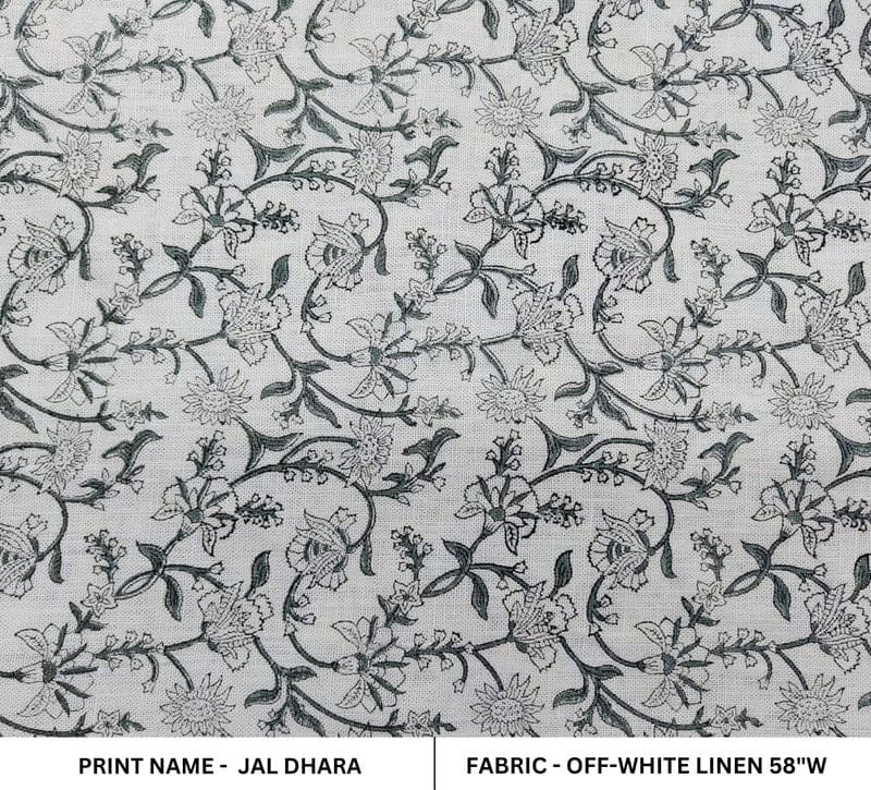 Hand Woven Block Print Grey Floral Off White Linen Fabric - Jaldhara