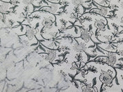 Hand Woven Block Print Grey Floral Off White Linen Fabric - Jaldhara