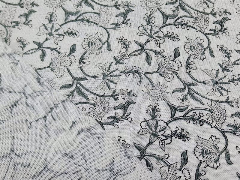 Hand Woven Block Print Grey Floral Off White Linen Fabric - Jaldhara