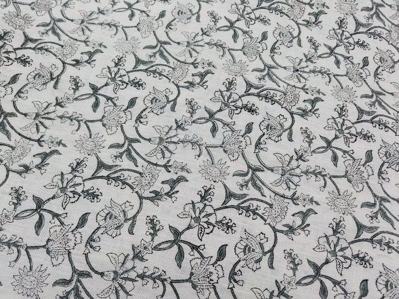 Hand Woven Block Print Grey Floral Off White Linen Fabric - Jaldhara