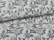 Hand Woven Block Print Grey Floral Off White Linen Fabric - Jaldhara