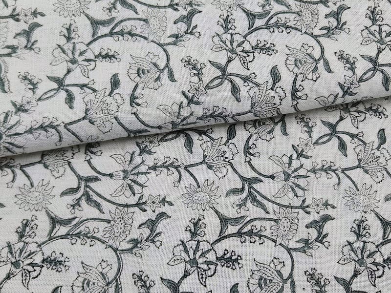 Hand Woven Block Print Grey Floral Off White Linen Fabric - Jaldhara