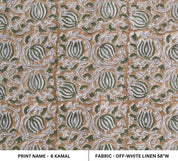 Hand Made Block Print Green & Brown Floral Off White Linen  KAMAL-1