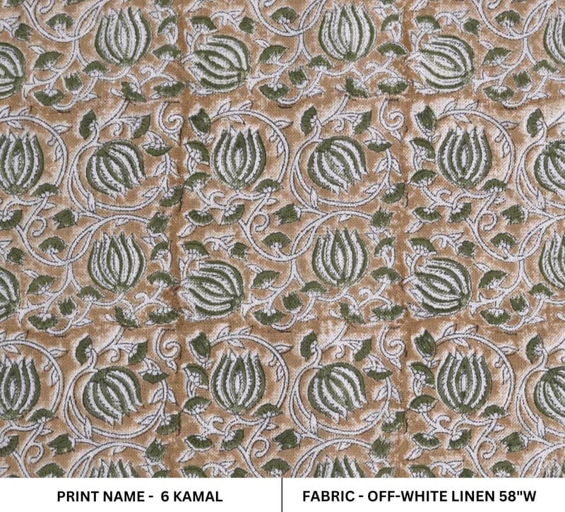 Hand Made Block Print Green & Brown Floral Off White Linen  KAMAL-1