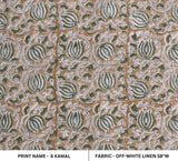 Hand Made Block Print Green & Brown Floral Off White Linen  KAMAL-1