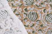 Hand Made Block Print Green & Brown Floral Off White Linen  KAMAL-1