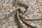 Hand Made Block Print Green & Brown Floral Off White Linen  KAMAL-1