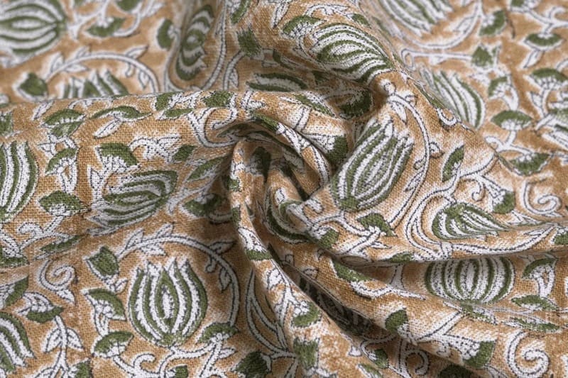 Hand Made Block Print Green & Brown Floral Off White Linen  KAMAL-1