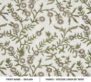 Hand Block Print Green & Brown Floral Viscose Linen Fabric - Sehjan
