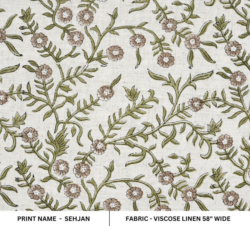 Hand Block Print Green & Brown Floral Viscose Linen Fabric - Sehjan