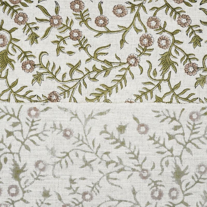 Hand Block Print Green & Brown Floral Viscose Linen Fabric - Sehjan