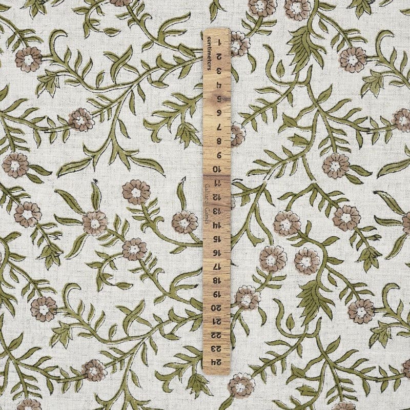 Hand Block Print Green & Brown Floral Viscose Linen Fabric - Sehjan