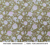 Hand Printed Pink Floral Linen Throw Fabric- Rameshwaram