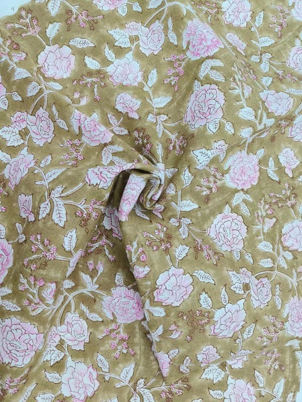 Hand Printed Pink Floral Linen Throw Fabric- Rameshwaram