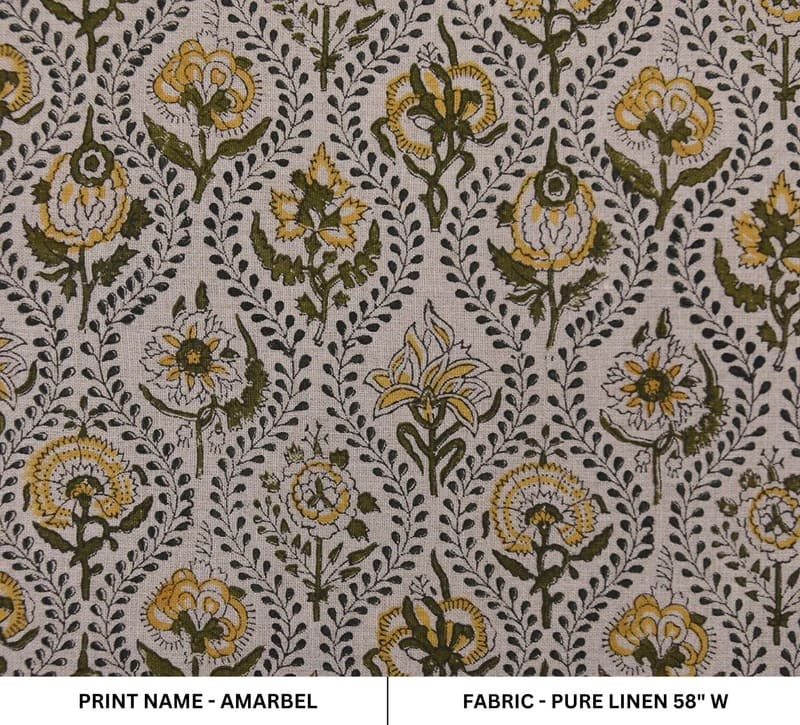Hand Woven Block Print Pure Linen Fabric For pillow couch - Amarbel