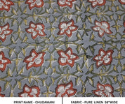 Hand Block Print Brown & Gray Linen Fabric For Cushions - Chudamani