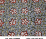Hand Block Print Brown & Gray Linen Fabric For Cushions - Chudamani