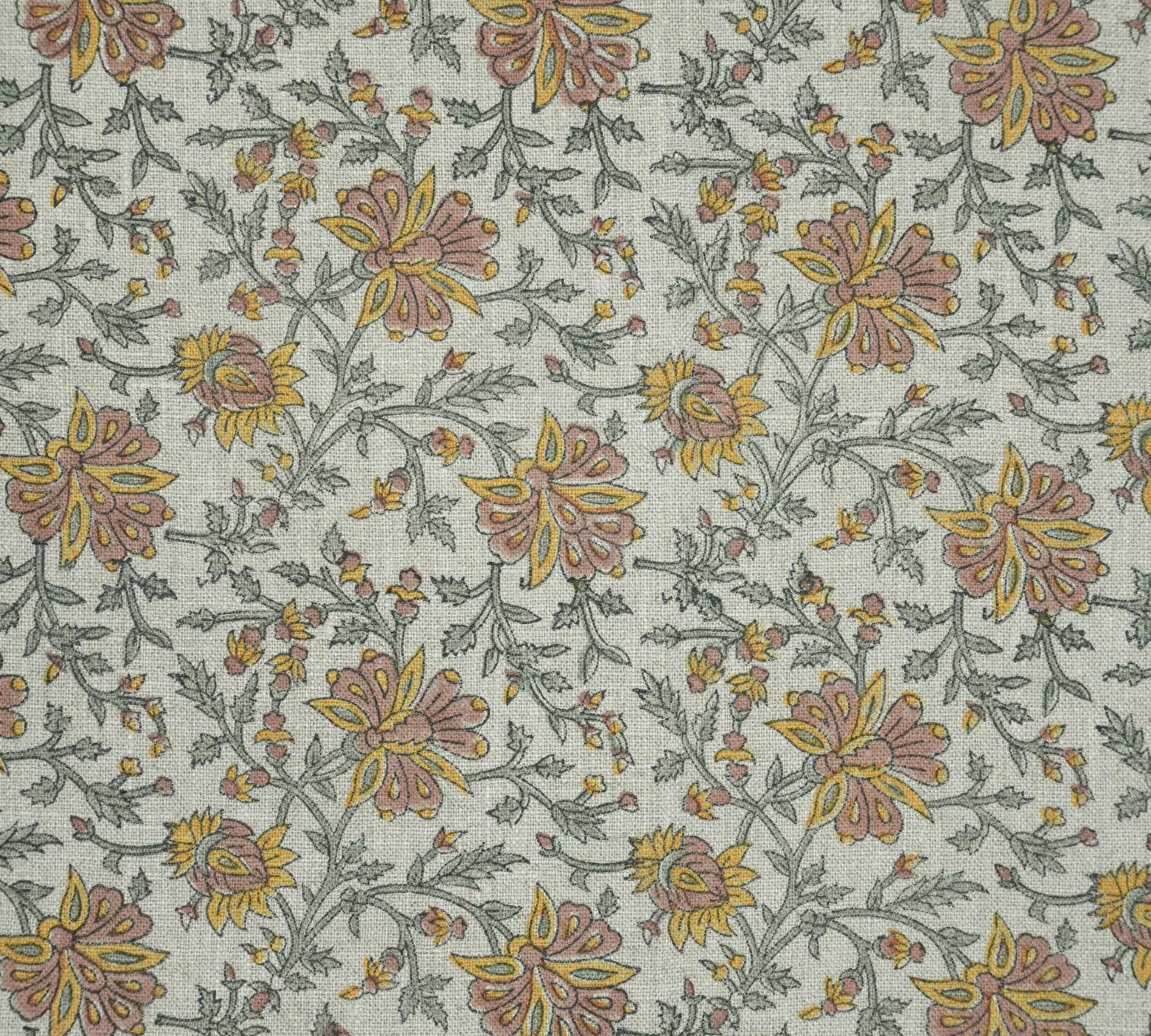 Indian Print Yellow Gray Floral Thick Linen Fabric for Upholstery - Neerabel