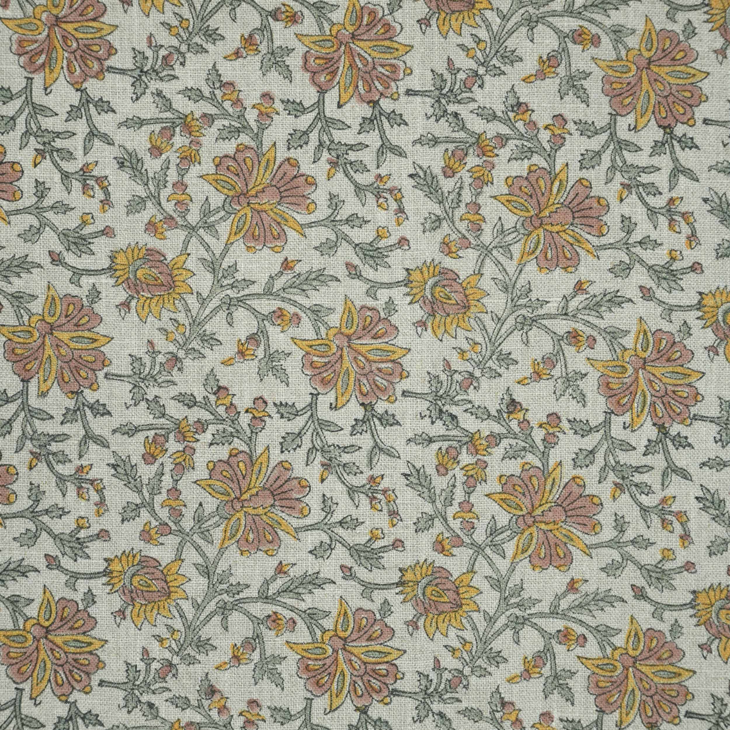 Indian Print Yellow Gray Floral Thick Linen Fabric for Upholstery - Neerabel