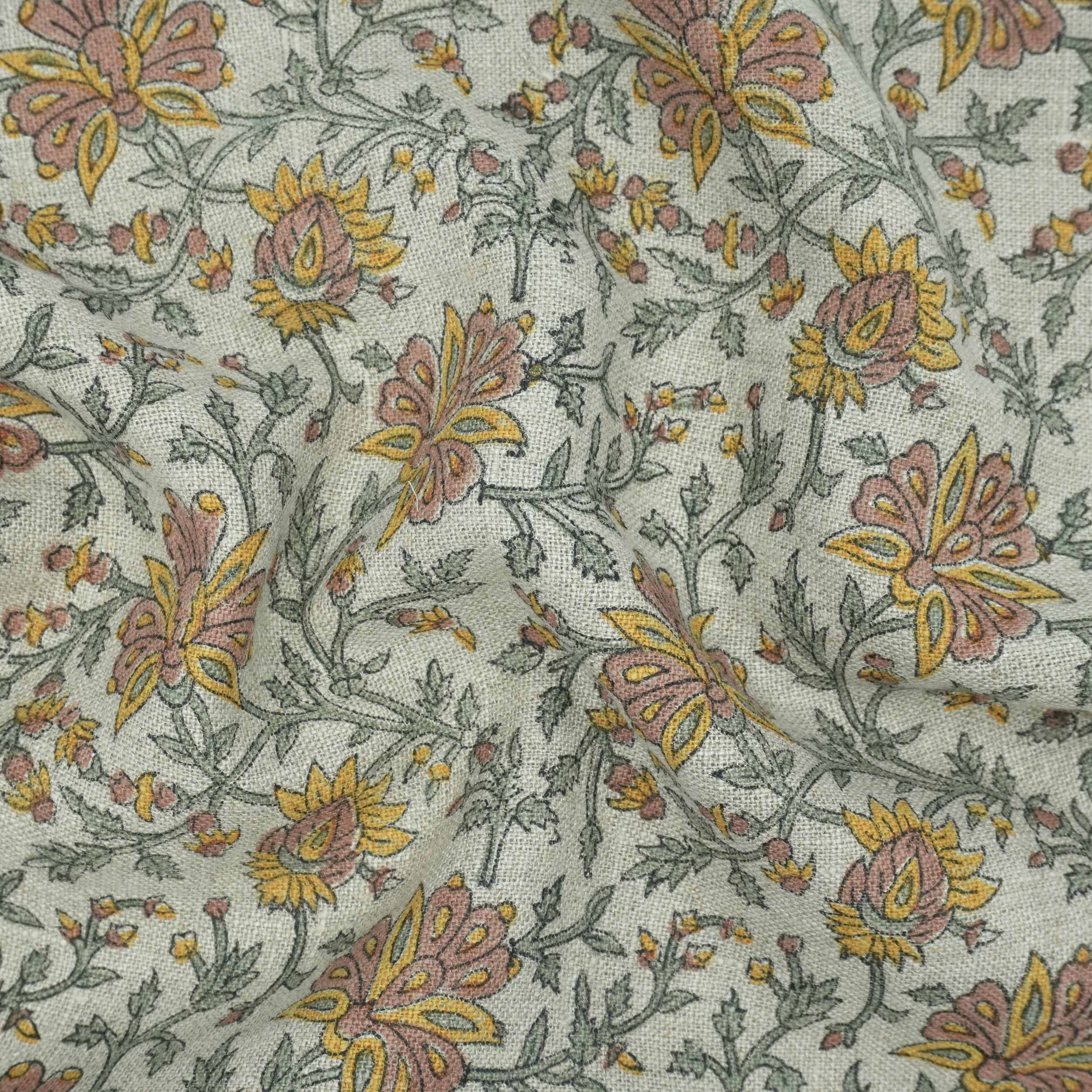 Indian Print Yellow Gray Floral Thick Linen Fabric for Upholstery - Neerabel