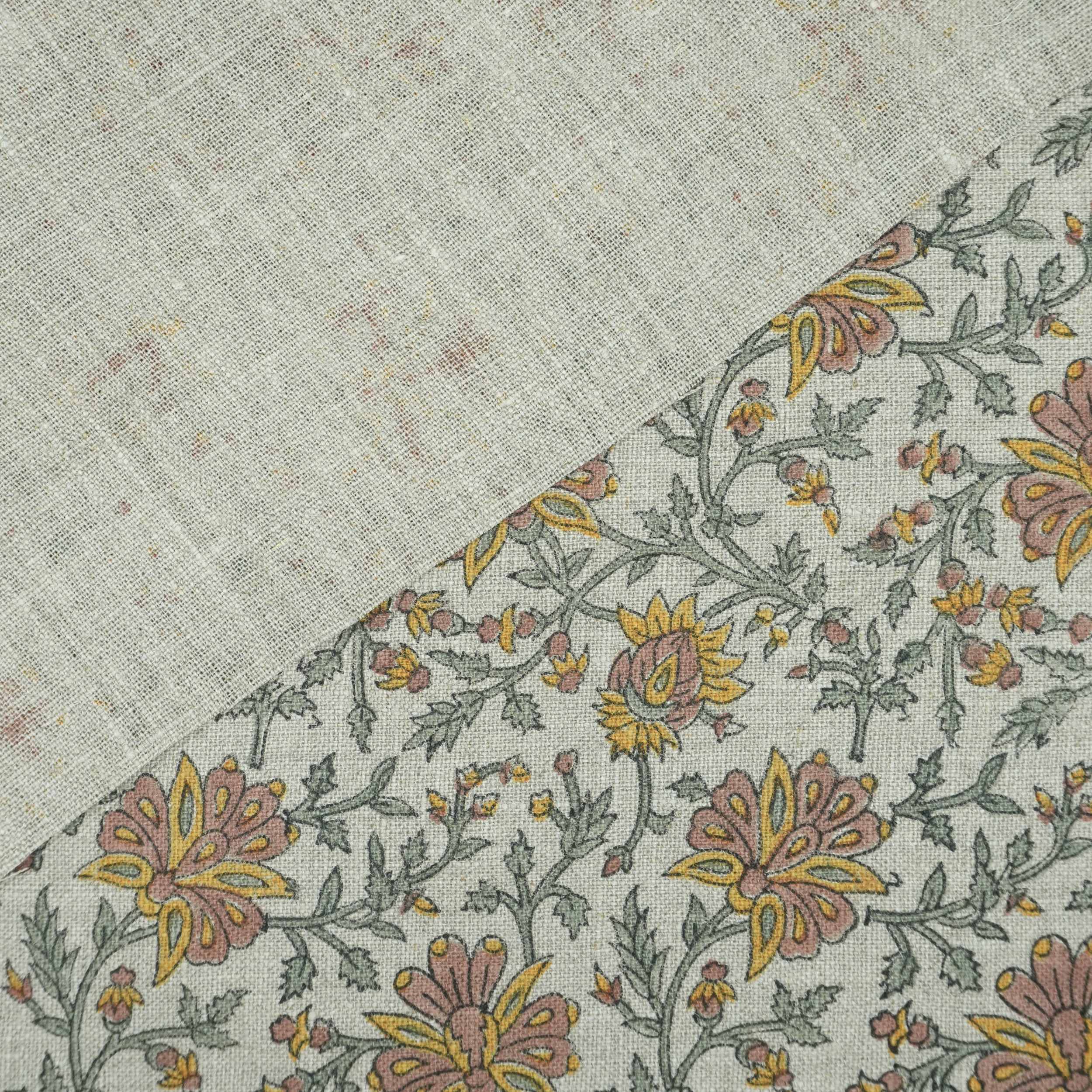 Indian Print Yellow Gray Floral Thick Linen Fabric for Upholstery - Neerabel