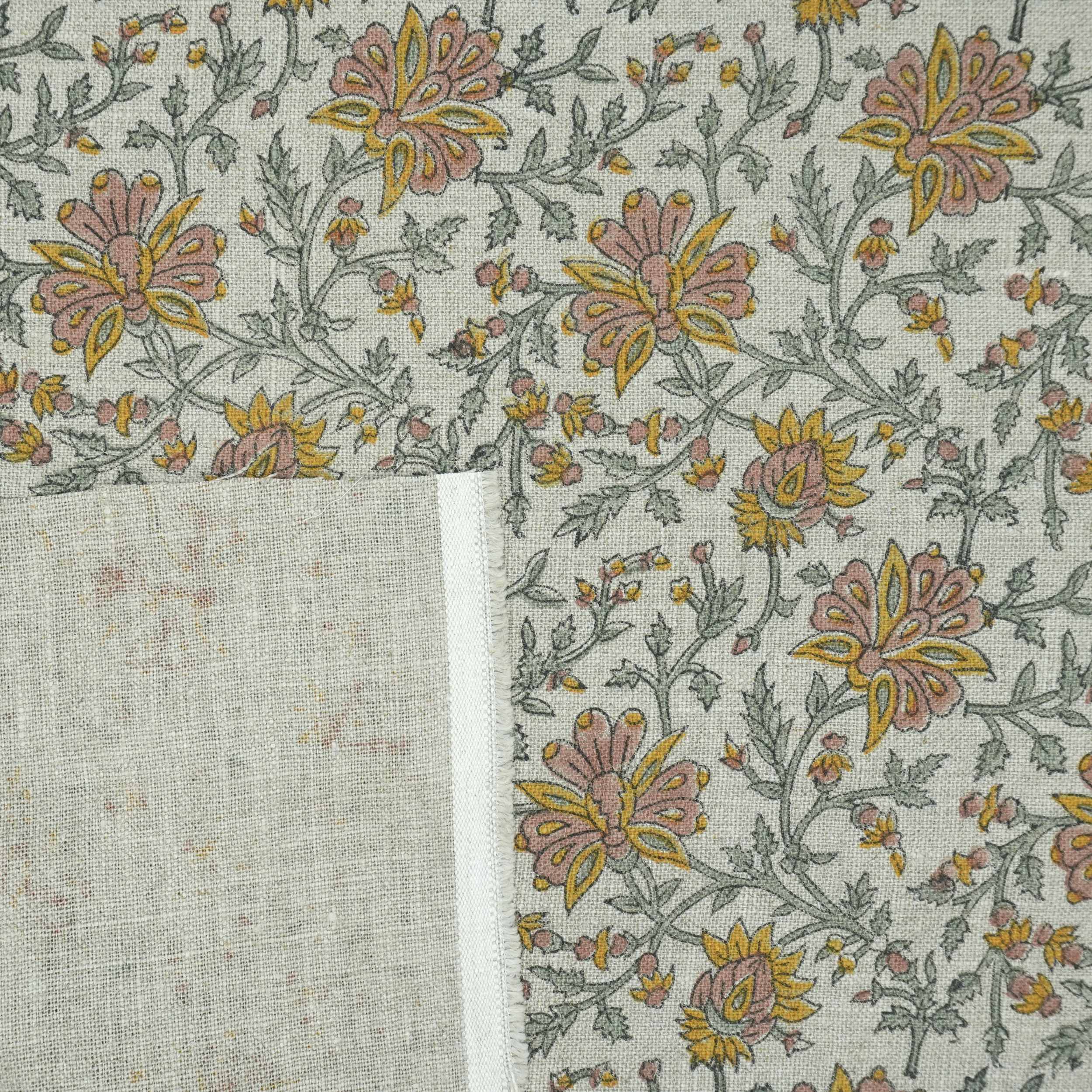 Indian Print Yellow Gray Floral Thick Linen Fabric for Upholstery - Neerabel