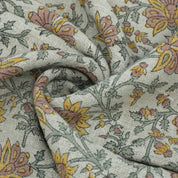 Indian Print Yellow Gray Floral Thick Linen Fabric for Upholstery - Neerabel