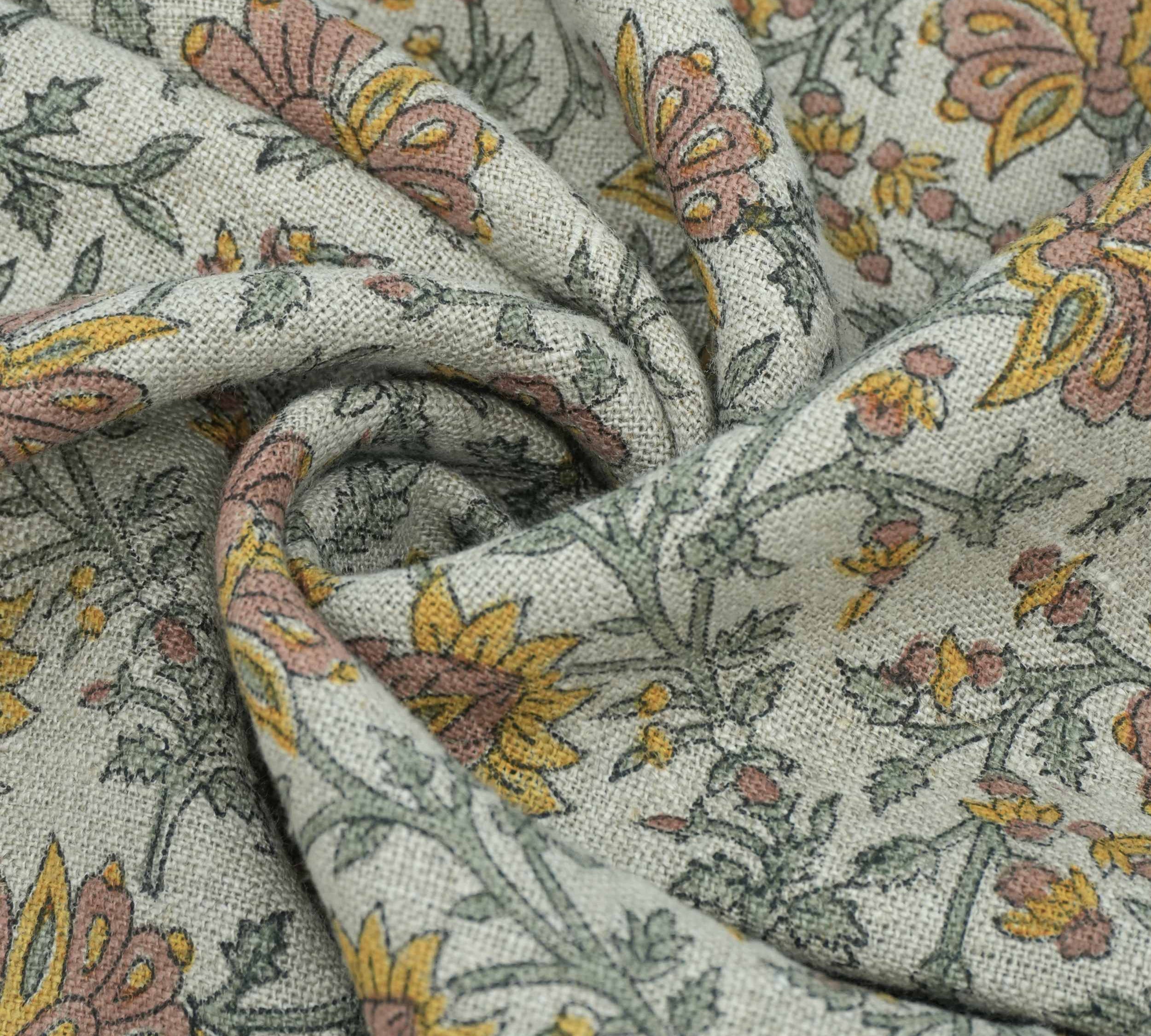 Indian Print Yellow Gray Floral Thick Linen Fabric for Upholstery - Neerabel