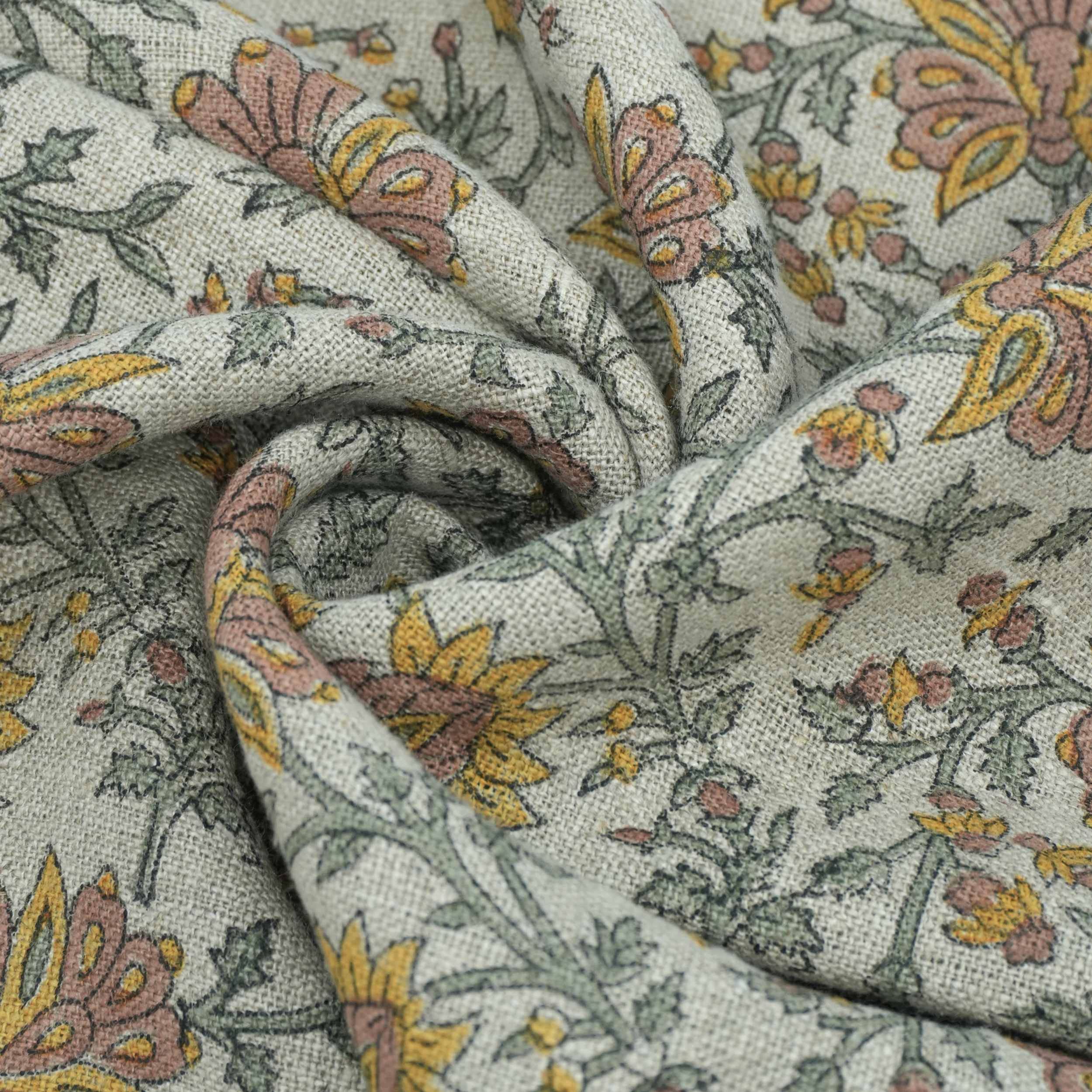 Indian Print Yellow Gray Floral Thick Linen Fabric for Upholstery - Neerabel