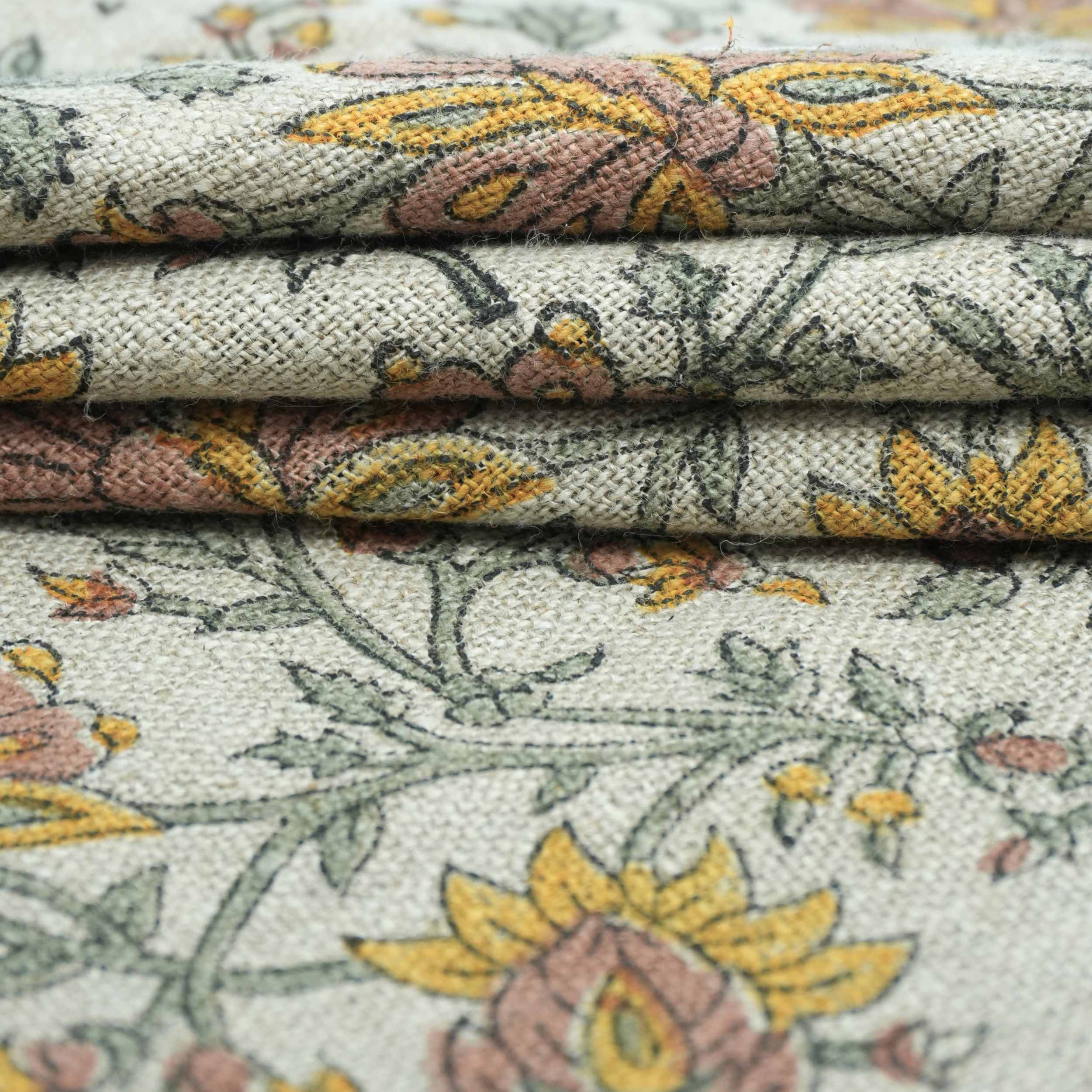 Indian Print Yellow Gray Floral Thick Linen Fabric for Upholstery - Neerabel