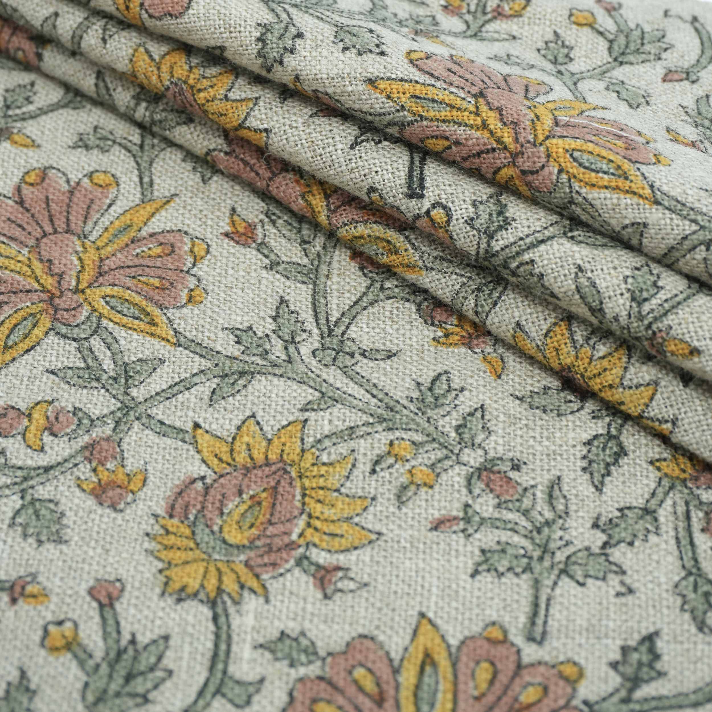 Indian Print Yellow Gray Floral Thick Linen Fabric for Upholstery - Neerabel