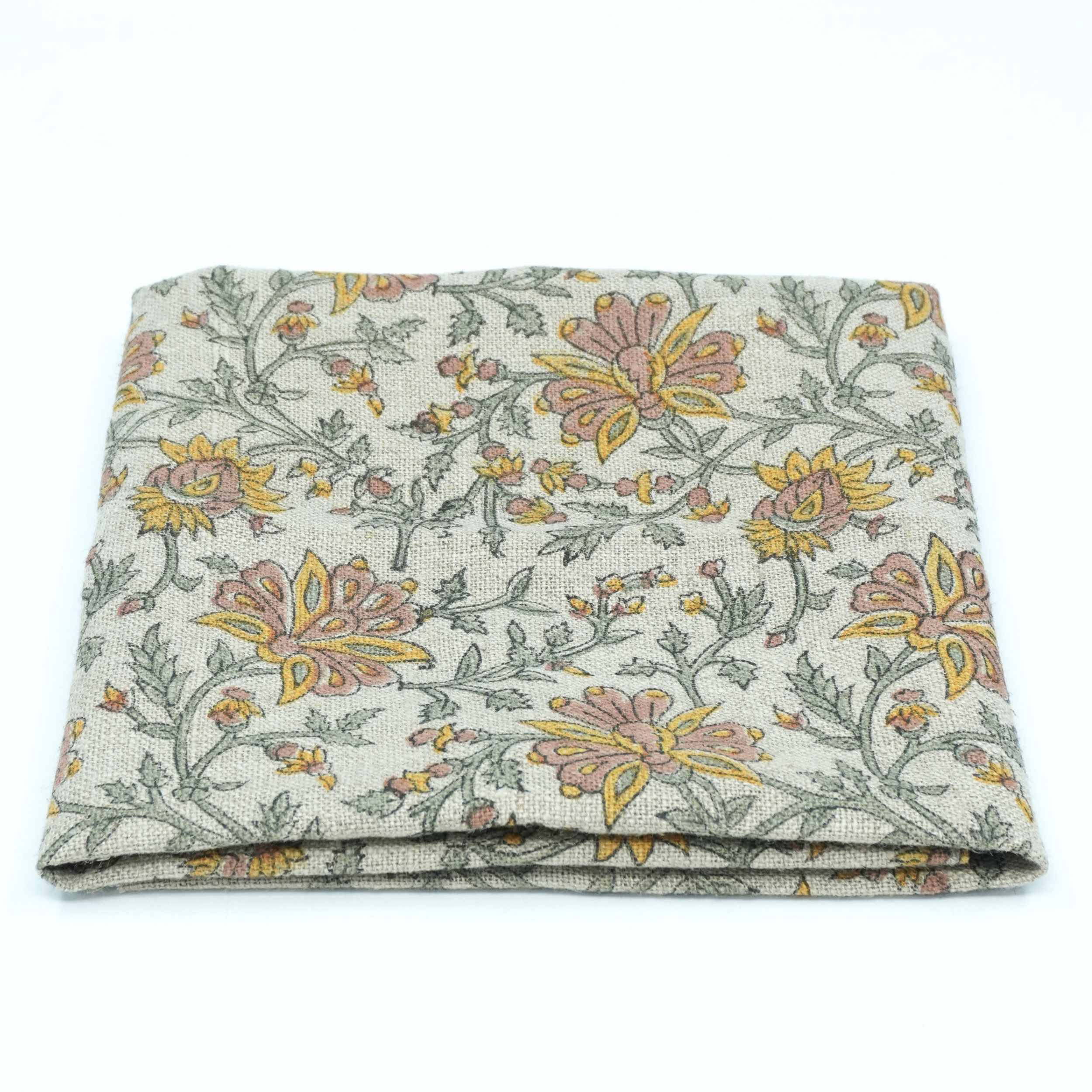Indian Print Yellow Gray Floral Thick Linen Fabric for Upholstery - Neerabel
